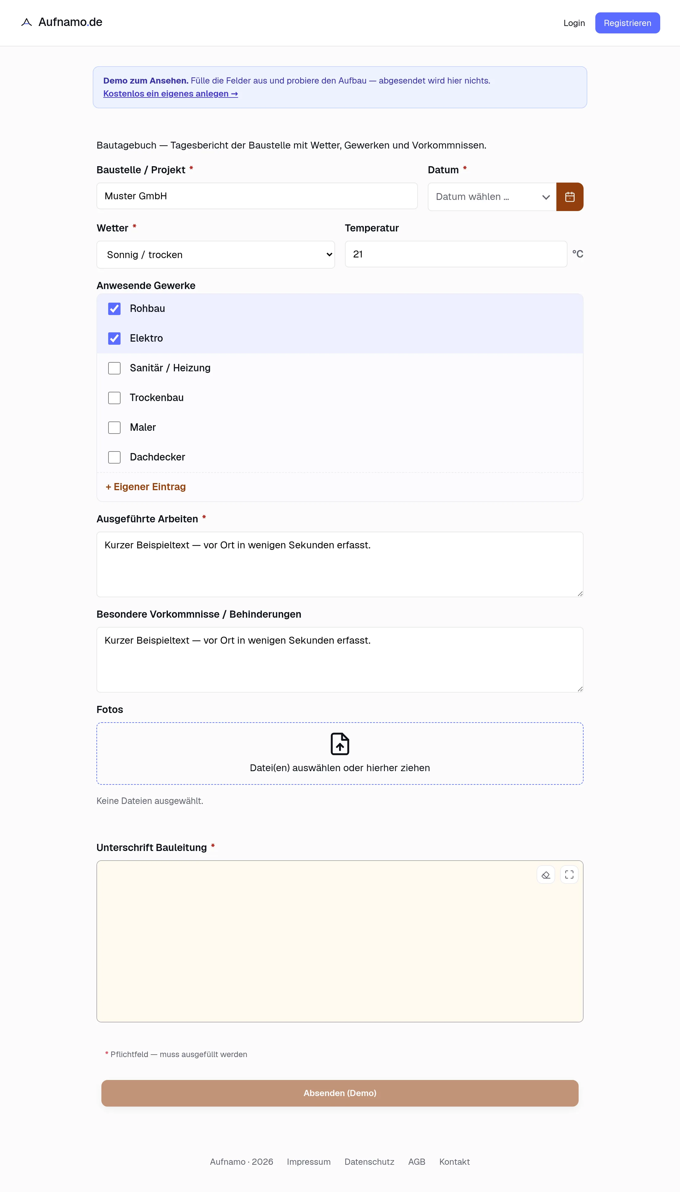 Das ausgefüllte Formular auf dem Tablet.